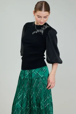 Knitwear|Short Sleeve Tops-Current Air Contrast Sleeve Knit Blouse BLACK