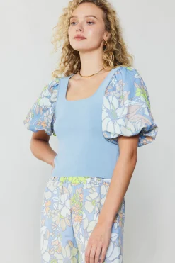 Knitwear|Sweaters-Current Air Contrast Sleeve Knit Top BLUE