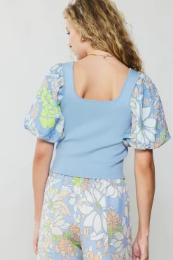 Knitwear|Sweaters-Current Air Contrast Sleeve Knit Top BLUE