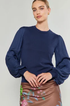 Knitwear|Sweaters-Current Air Contrast Sleeve Knit Top NAVY