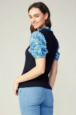 Knitwear|Sweaters-Current Air Contrast Sleeve Knit Top BLUEMLT