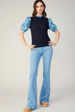 Knitwear|Sweaters-Current Air Contrast Sleeve Knit Top BLUEMLT