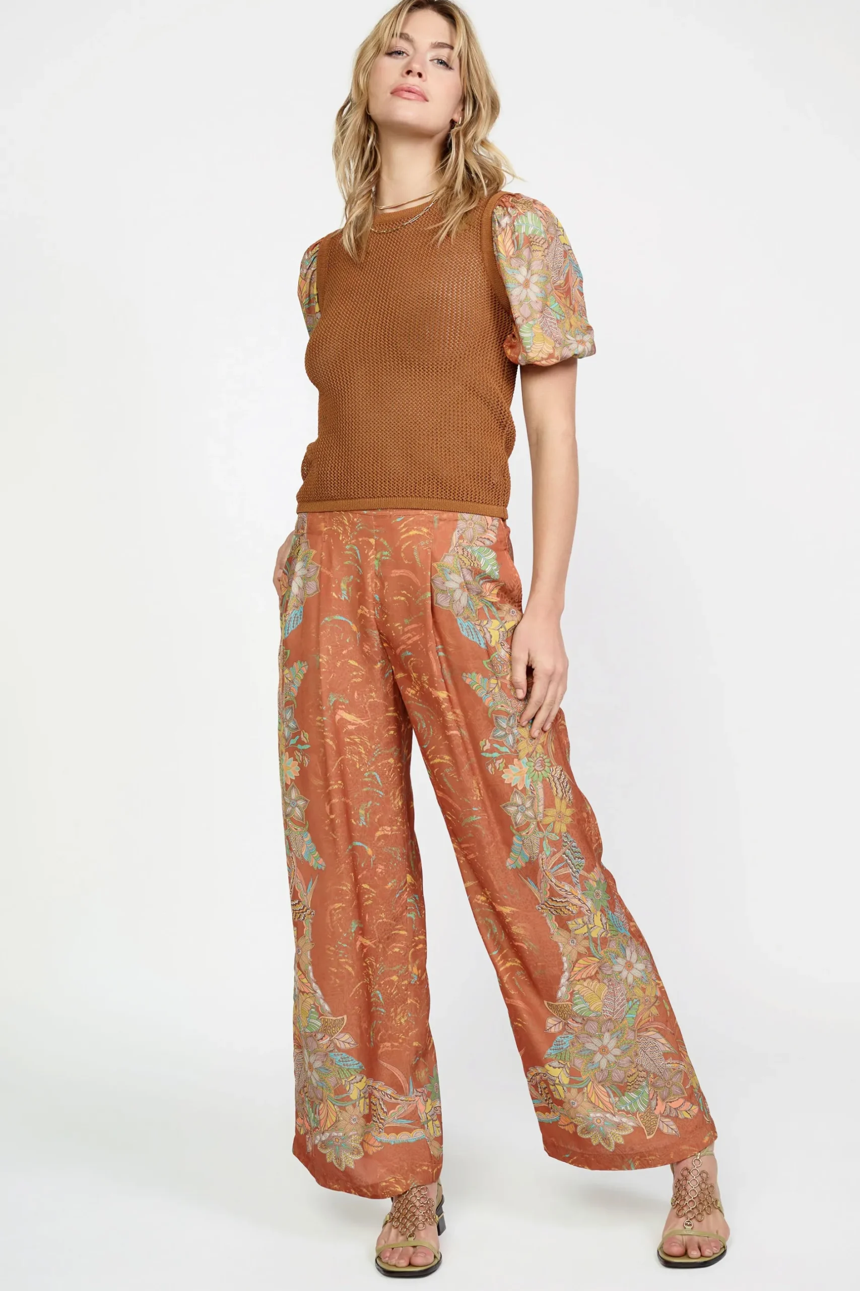 Short Sleeve Tops|Sweaters-Current Air Contrast Sleeve Retro Knit Top BROWN