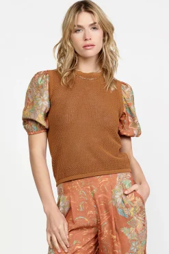Short Sleeve Tops|Sweaters-Current Air Contrast Sleeve Retro Knit Top BROWN
