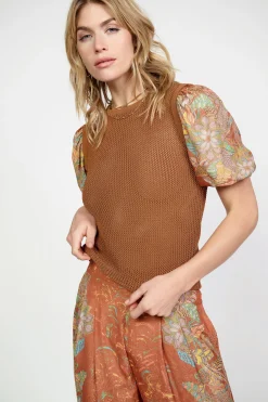 Short Sleeve Tops|Sweaters-Current Air Contrast Sleeve Retro Knit Top BROWN