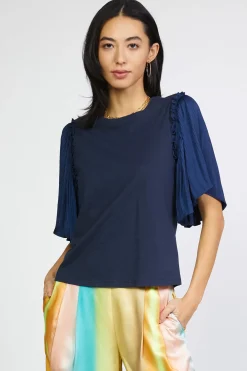 Short Sleeve Tops-Current Air Contrast Sleeve Shirt NAVY