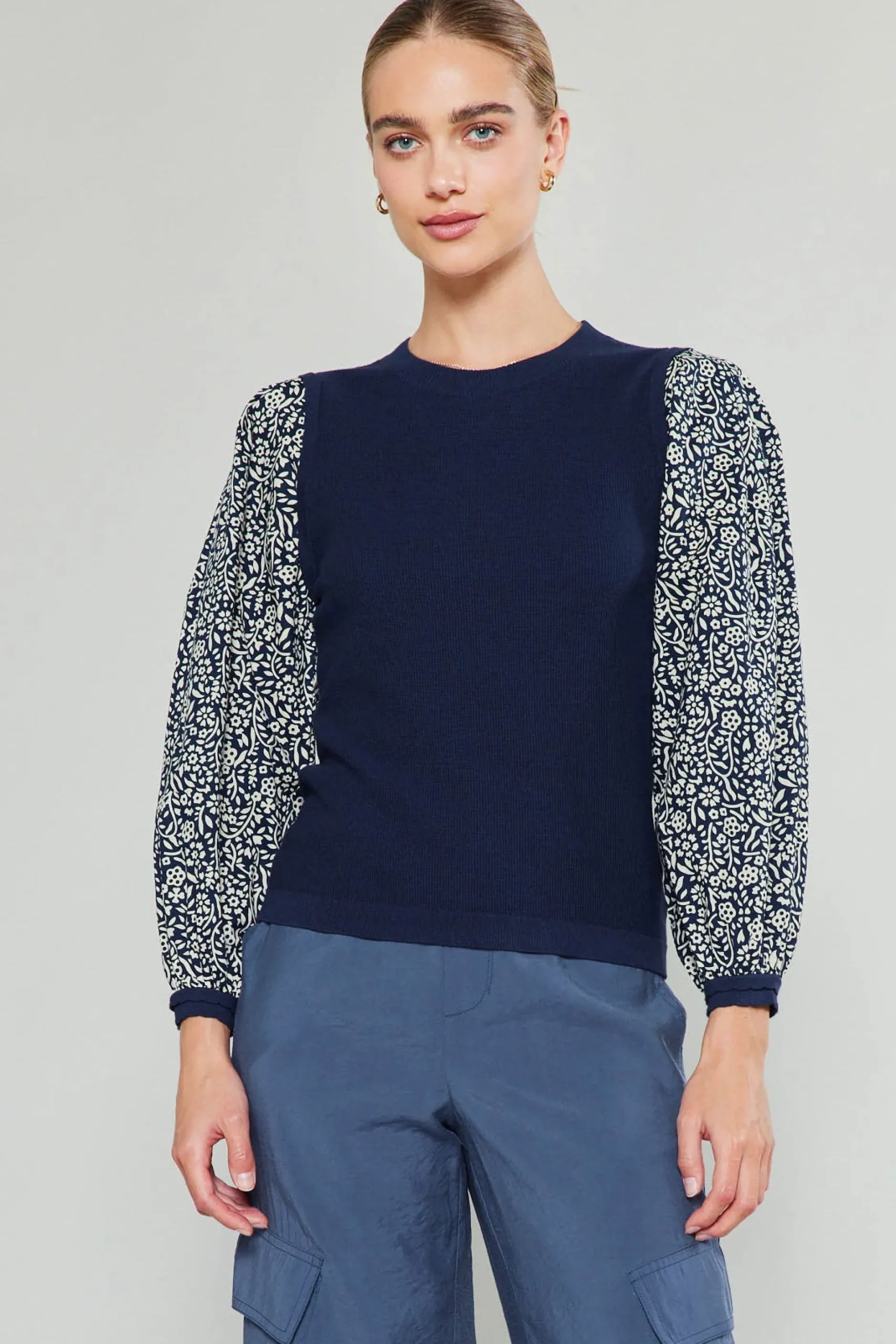 Knitwear|Sweaters-Current Air Contrast Sleeve Sweater Top NAVY