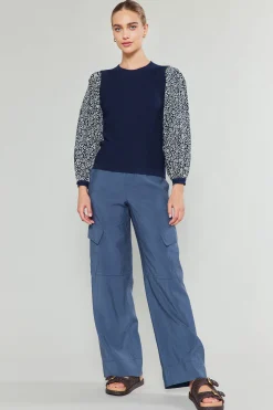 Knitwear|Sweaters-Current Air Contrast Sleeve Sweater Top NAVY