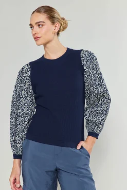 Knitwear|Sweaters-Current Air Contrast Sleeve Sweater Top NAVY