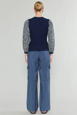 Knitwear|Sweaters-Current Air Contrast Sleeve Sweater Top NAVY