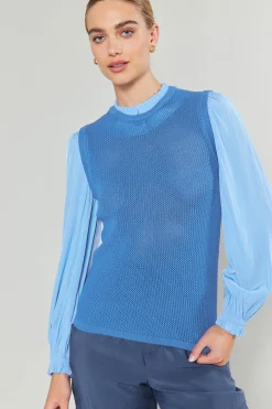 Knitwear|Long Sleeve Tops-Current Air Contrast Sleeve Sweater Top AEROBLUE