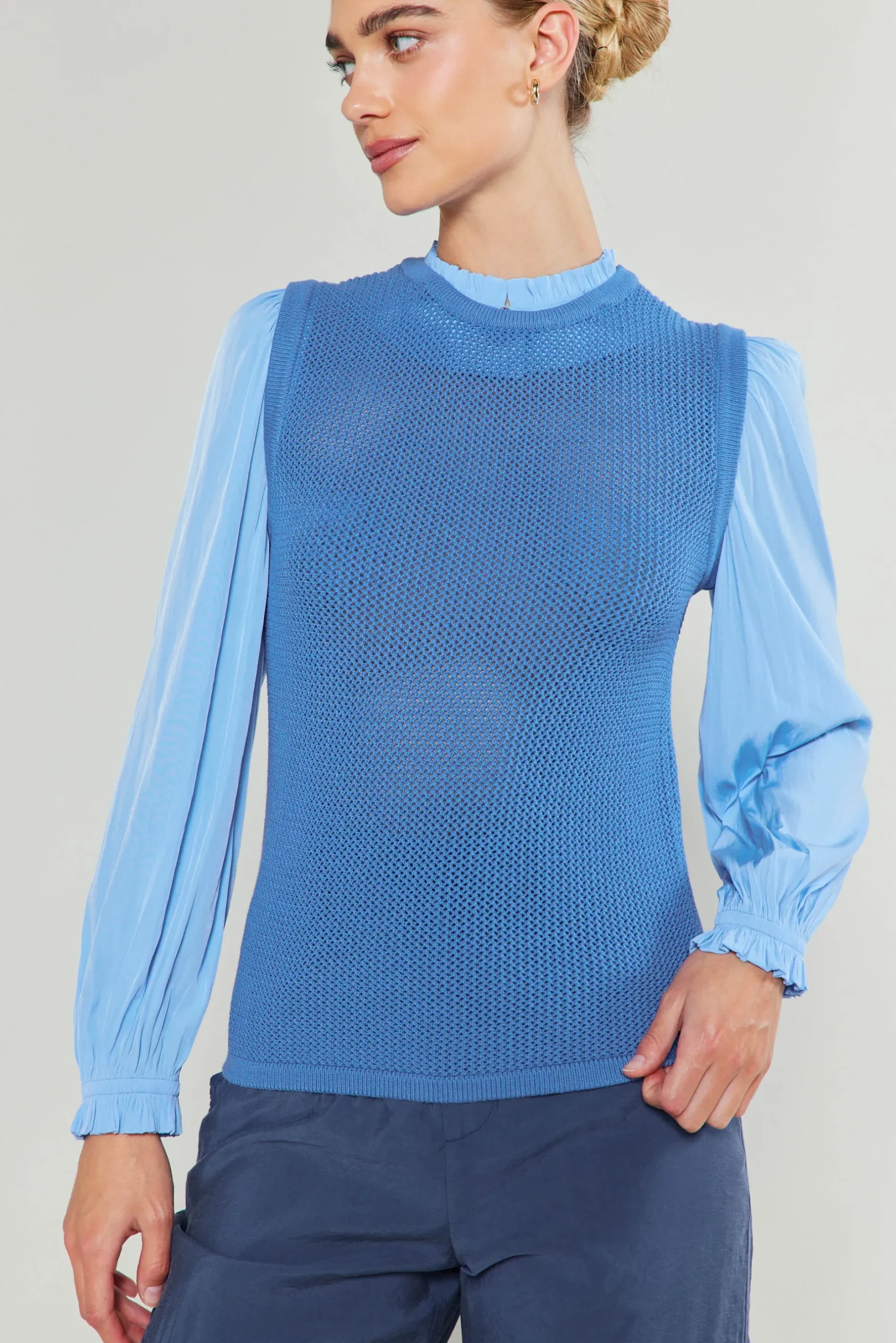 Knitwear|Long Sleeve Tops-Current Air Contrast Sleeve Sweater Top AEROBLUE