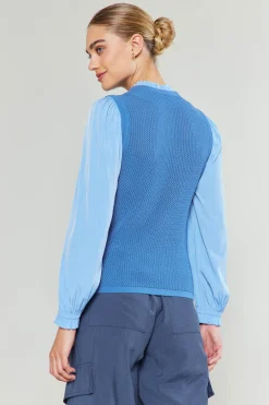 Knitwear|Long Sleeve Tops-Current Air Contrast Sleeve Sweater Top AEROBLUE