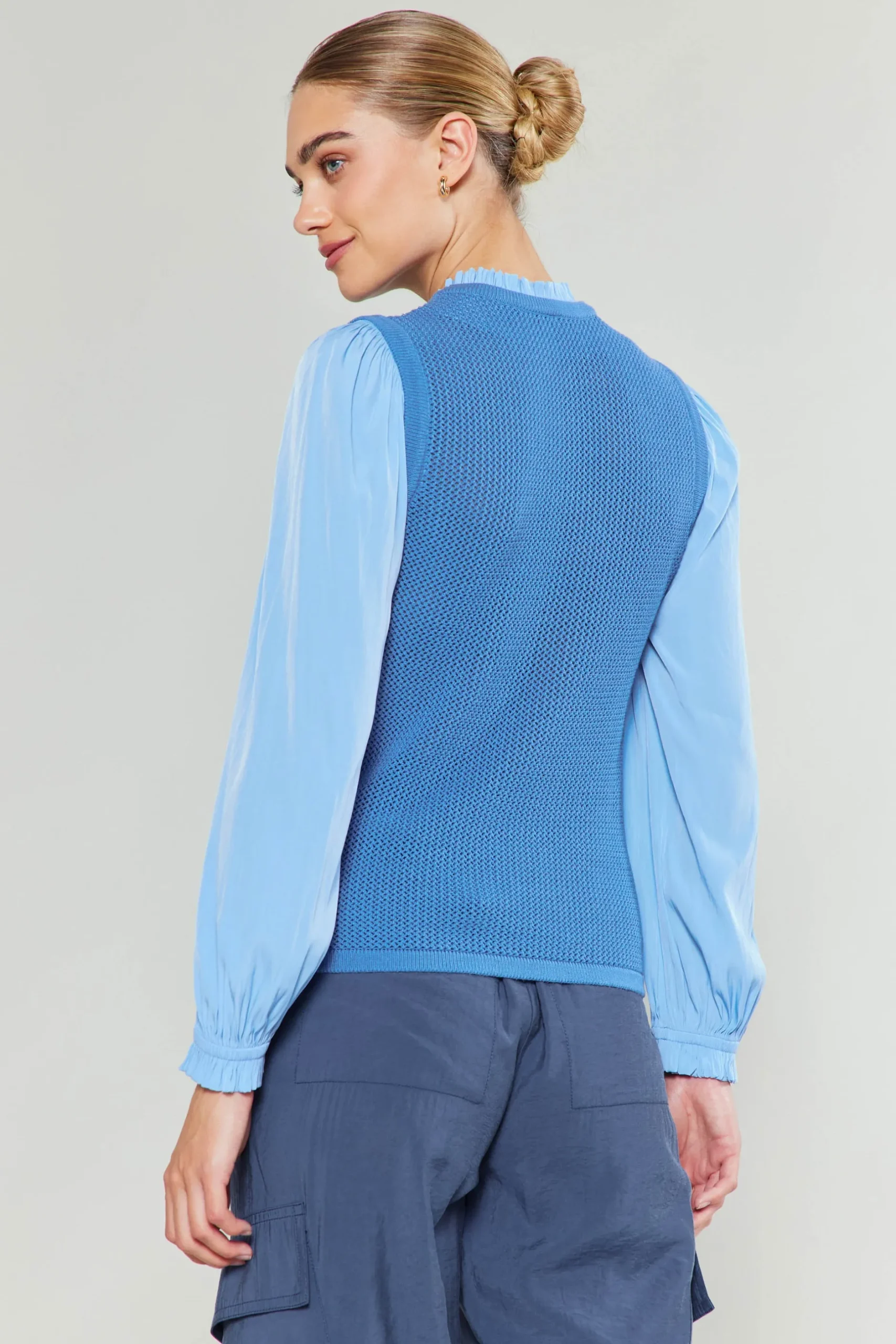 Knitwear|Long Sleeve Tops-Current Air Contrast Sleeve Sweater Top AEROBLUE