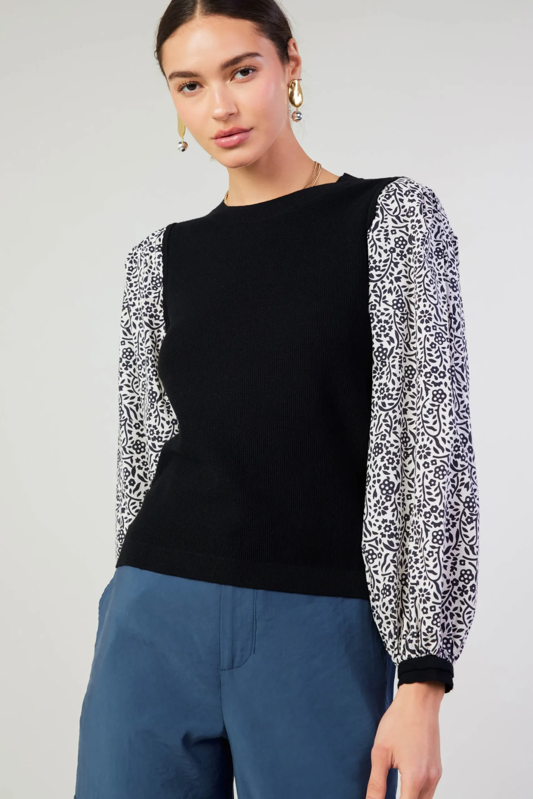 Knitwear|Sweaters-Current Air Contrast Sleeve Sweater Top BLACK