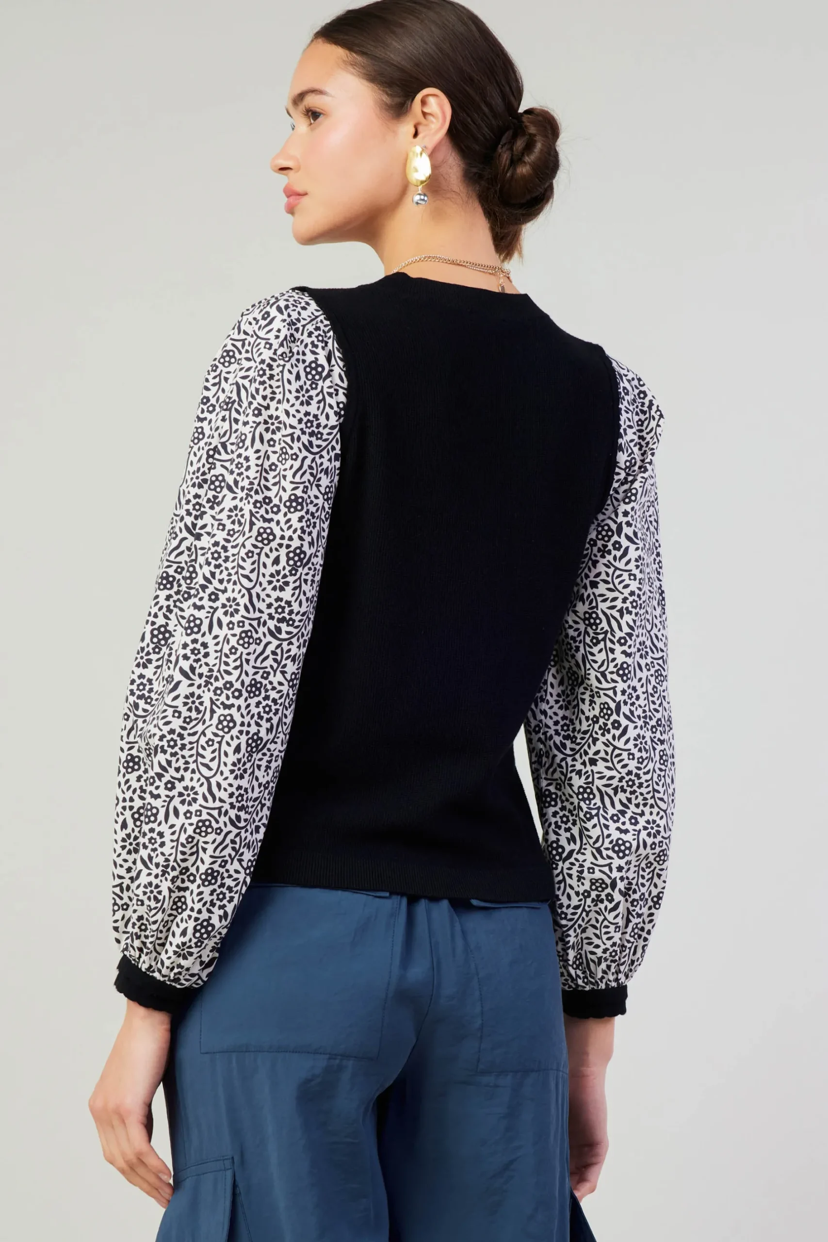 Knitwear|Sweaters-Current Air Contrast Sleeve Sweater Top BLACK