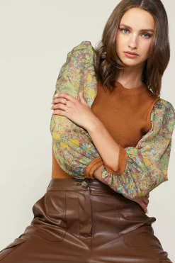 Sweaters-Current Air Contrast Sleeve Sweater Top CAMELGREEN