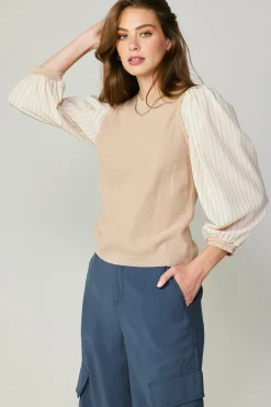 Long Sleeve Tops|Sweaters-Current Air Contrast Sweater Top LIGHTTAUPE
