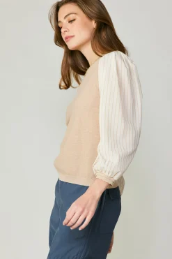 Long Sleeve Tops|Sweaters-Current Air Contrast Sweater Top LIGHTTAUPE