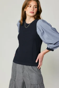 Long Sleeve Tops|Sweaters-Current Air Contrast Sweater Top NAVY