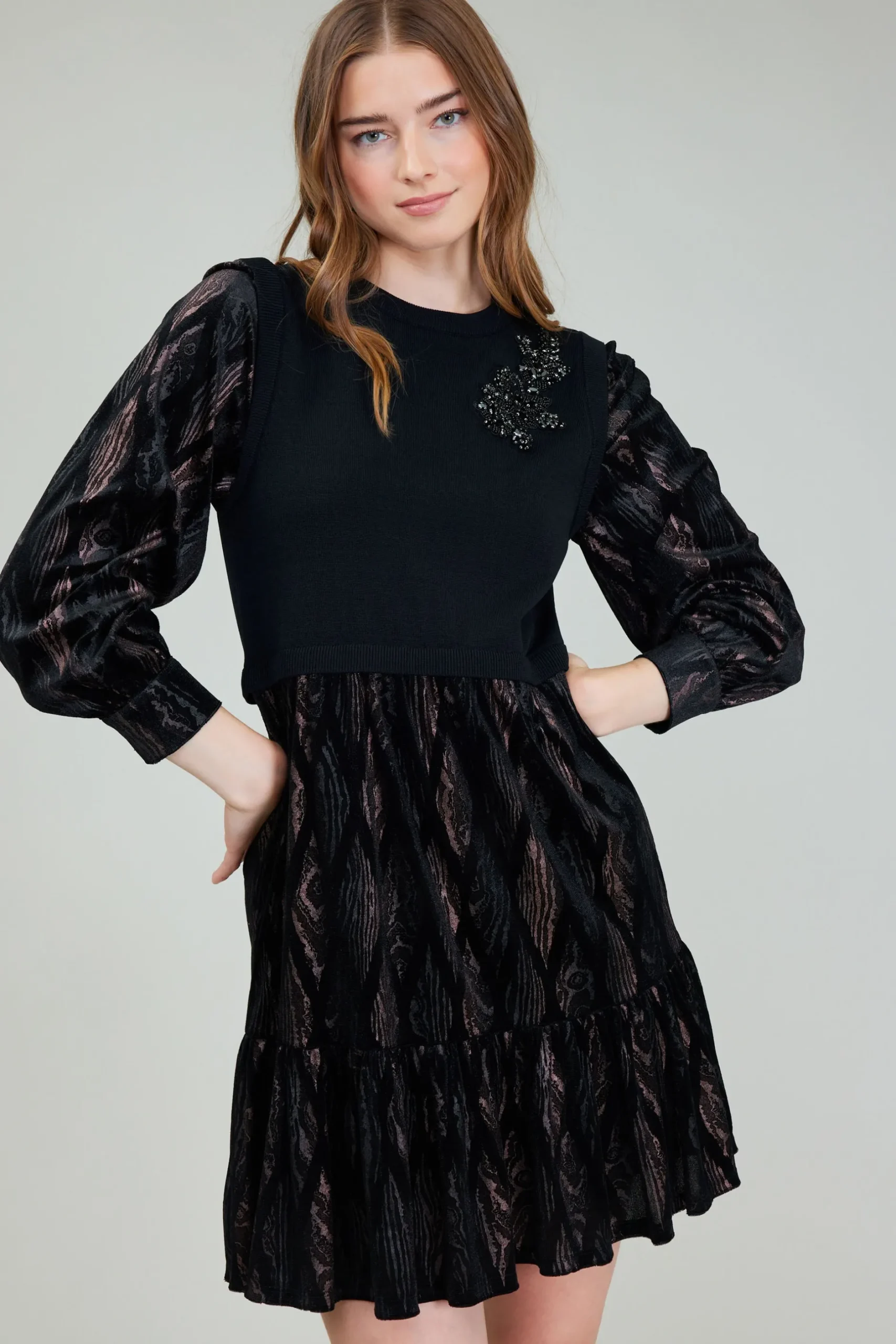 Knitwear|Mini Dresses-Current Air Contrast Velvet Foil Mini Dress BLACKBRONZEMULTI