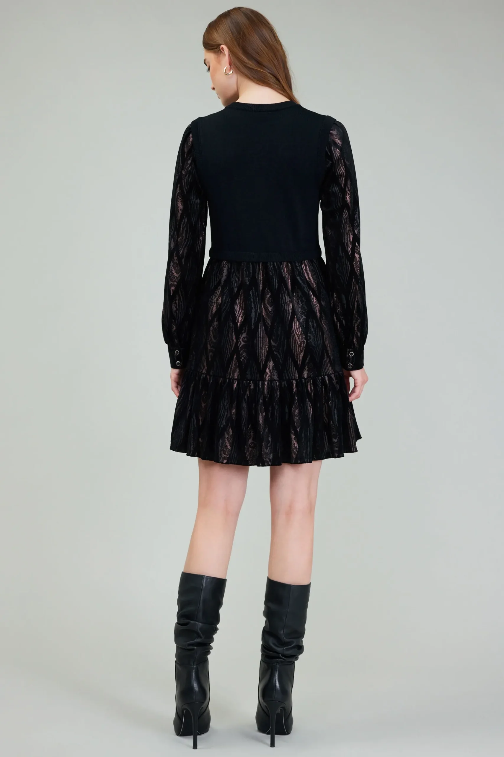 Knitwear|Mini Dresses-Current Air Contrast Velvet Foil Mini Dress BLACKBRONZEMULTI