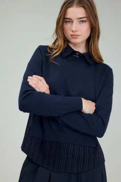 Knitwear|Long Sleeve Tops-Current Air Corduroy Knit & Woven Top NAVY