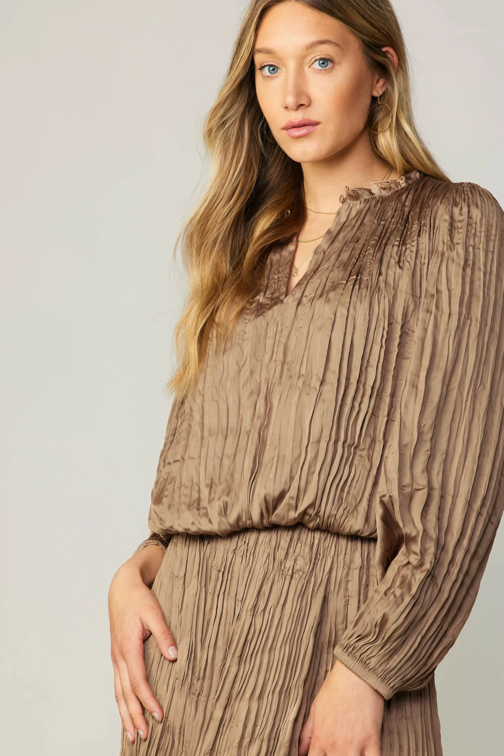 Long Sleeve Tops-Current Air Crinkle Plisse Blouse LATTE