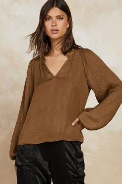 Long Sleeve Tops-Current Air Crinkle Texture Blouse BROWN