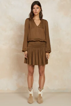Mini Dresses-Current Air Crinkle Texture Smocked Mini Dress BROWN