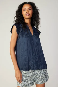 Sleeveless Tops-Current Air Crinkled Flutter Sleeve Top SLATENAVY