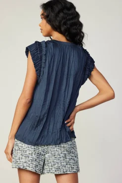 Sleeveless Tops-Current Air Crinkled Flutter Sleeve Top SLATENAVY