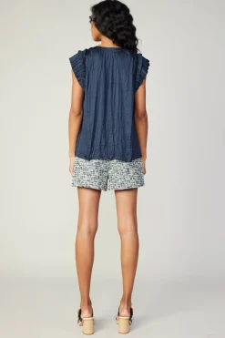 Sleeveless Tops-Current Air Crinkled Flutter Sleeve Top SLATENAVY