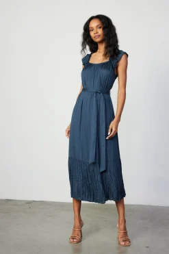 Midi Dresses-Current Air Crinkled Ruffled Shoulder Midi Dress NAVY
