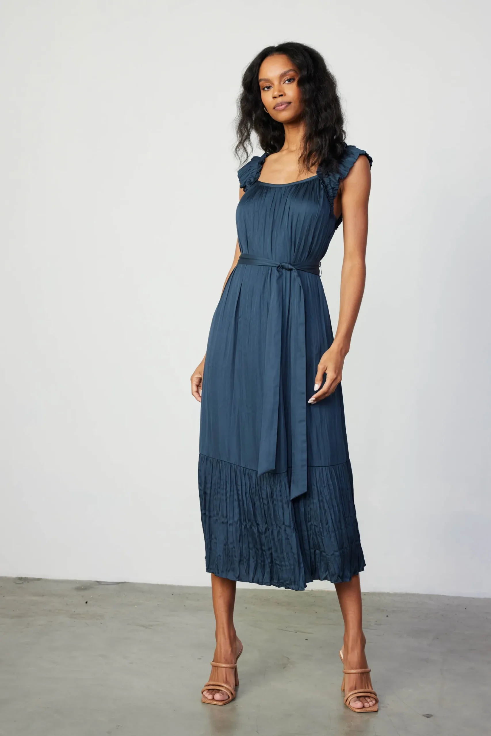 Midi Dresses-Current Air Crinkled Ruffled Shoulder Midi Dress NAVY