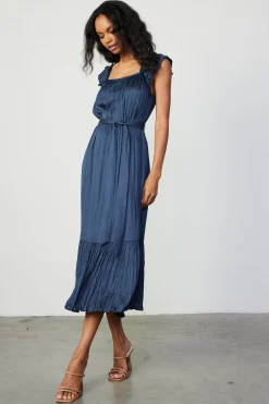 Midi Dresses-Current Air Crinkled Ruffled Shoulder Midi Dress NAVY
