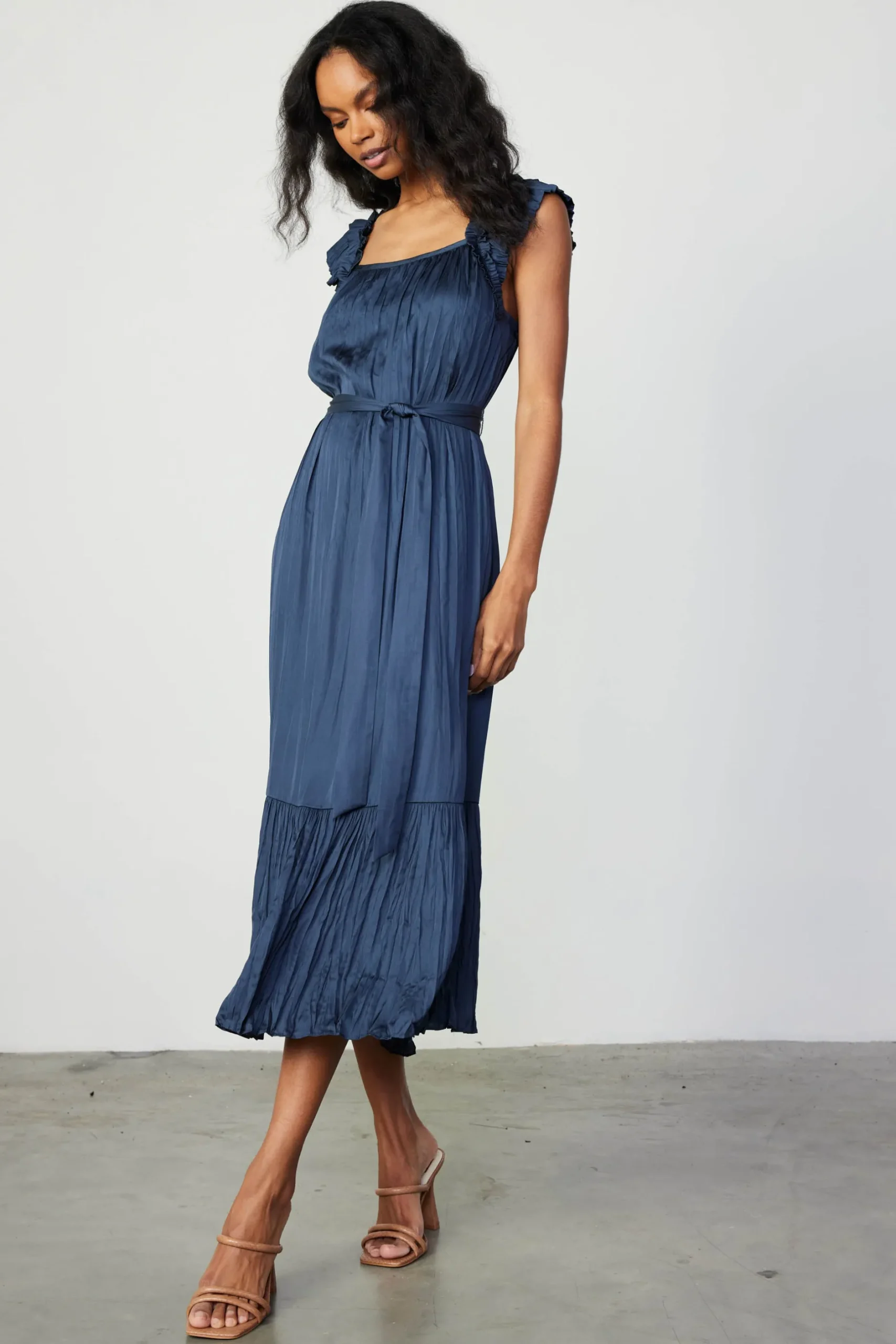 Midi Dresses-Current Air Crinkled Ruffled Shoulder Midi Dress NAVY