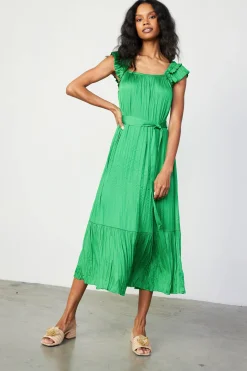 Midi Dresses-Current Air Crinkled Ruffled Shoulder Midi Dress DEEPSPRINGGREEN