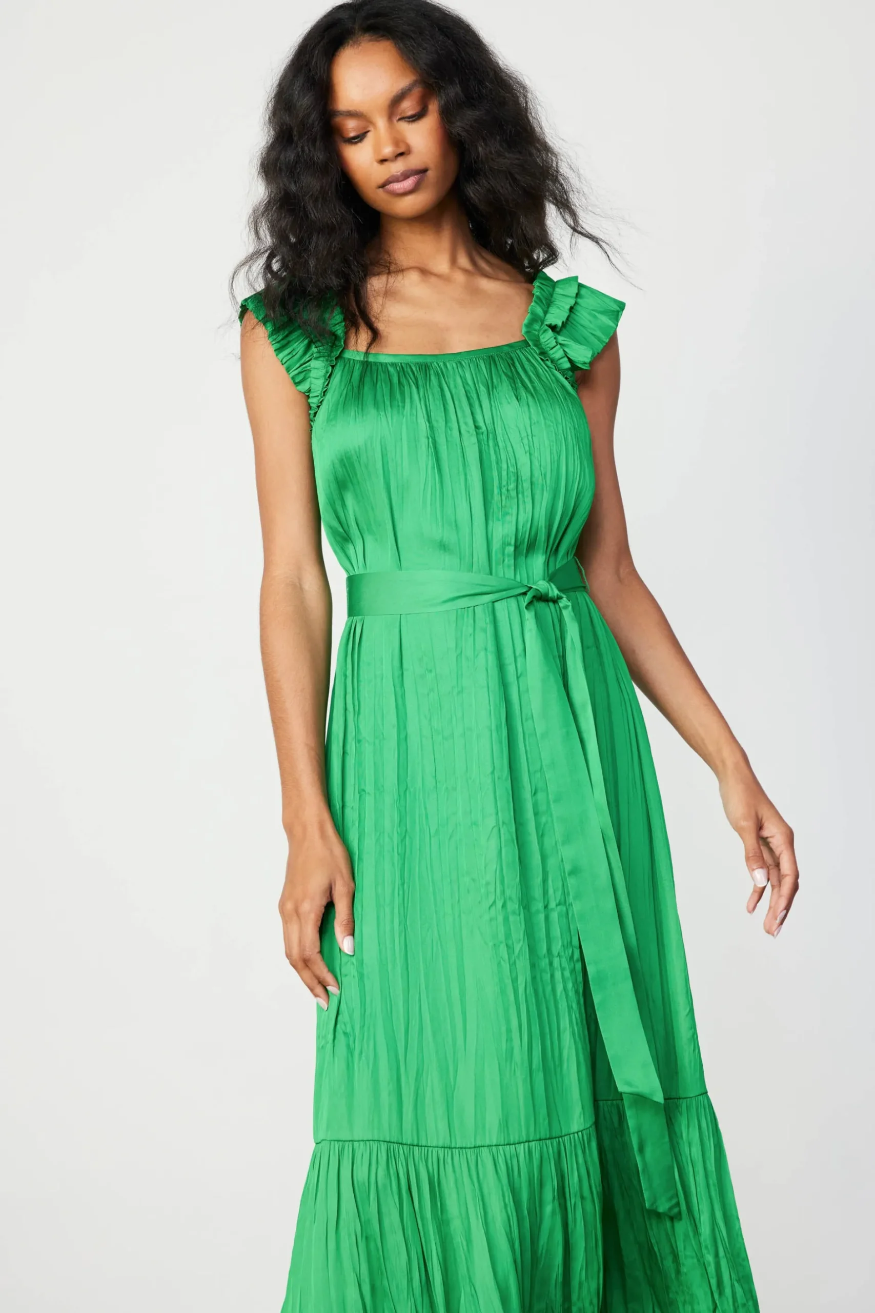 Midi Dresses-Current Air Crinkled Ruffled Shoulder Midi Dress DEEPSPRINGGREEN