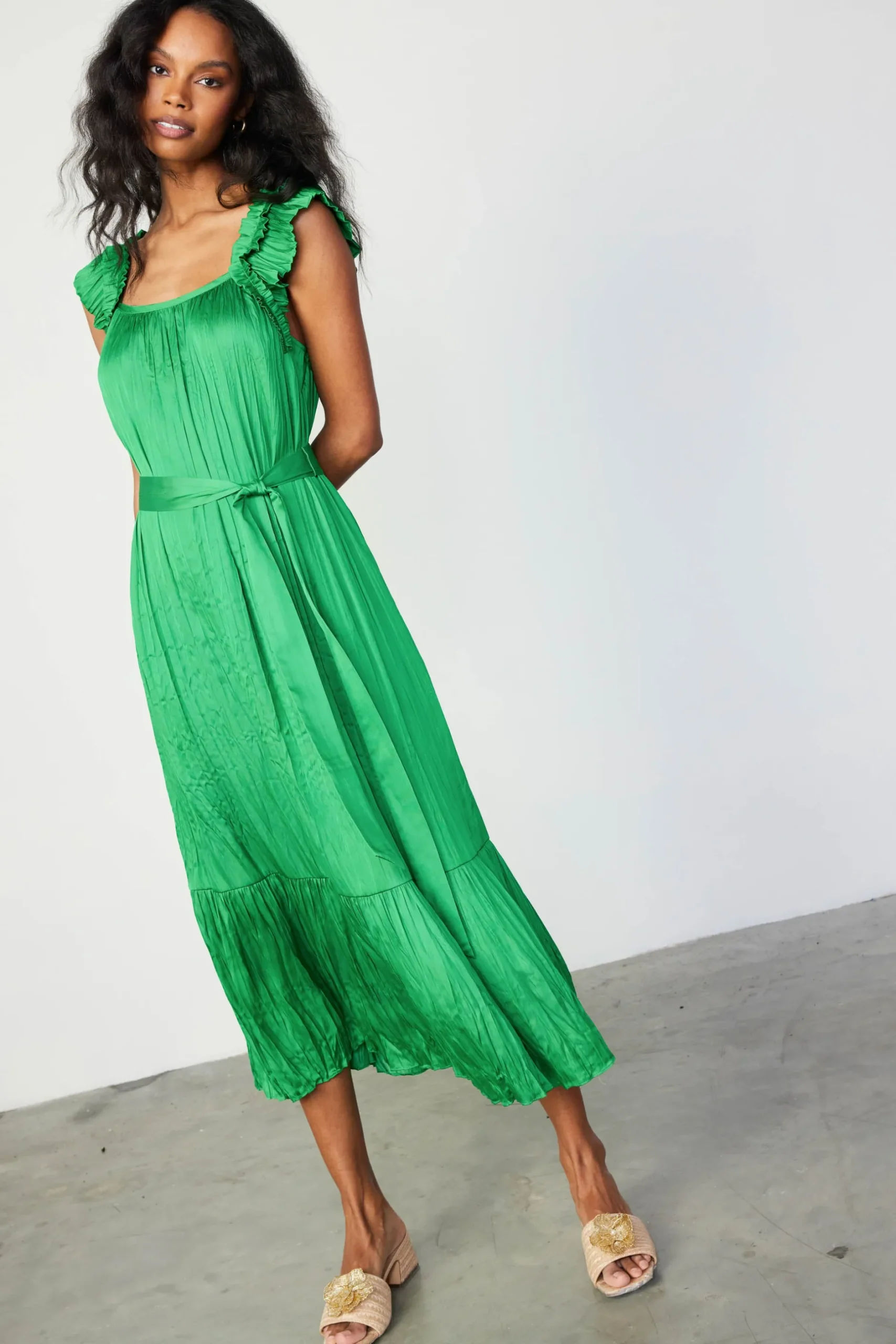 Midi Dresses-Current Air Crinkled Ruffled Shoulder Midi Dress DEEPSPRINGGREEN