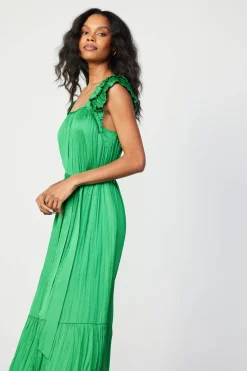 Midi Dresses-Current Air Crinkled Ruffled Shoulder Midi Dress DEEPSPRINGGREEN