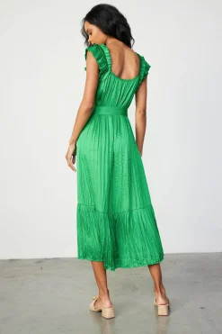 Midi Dresses-Current Air Crinkled Ruffled Shoulder Midi Dress DEEPSPRINGGREEN