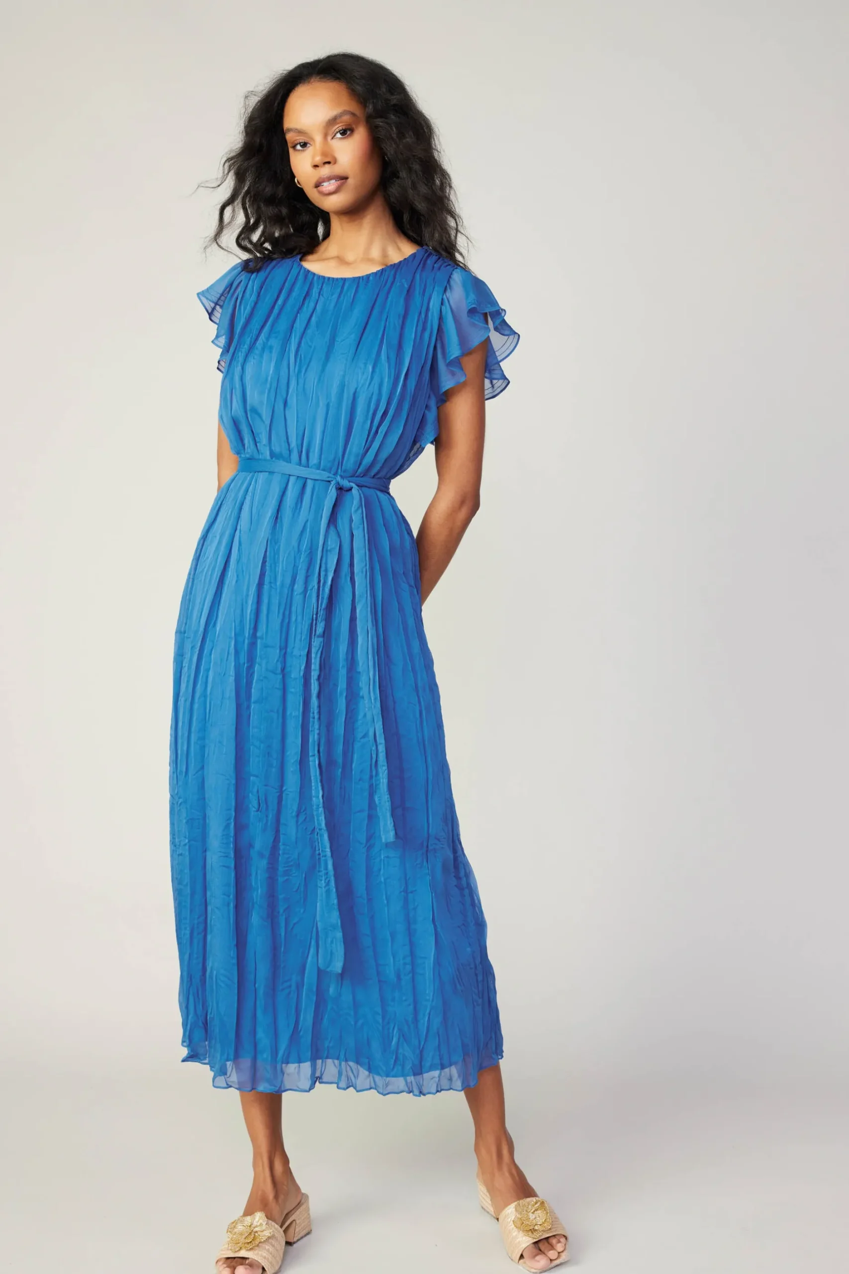 Midi Dresses-Current Air Crinkled Texture Flutter Dress AZUREBLUE
