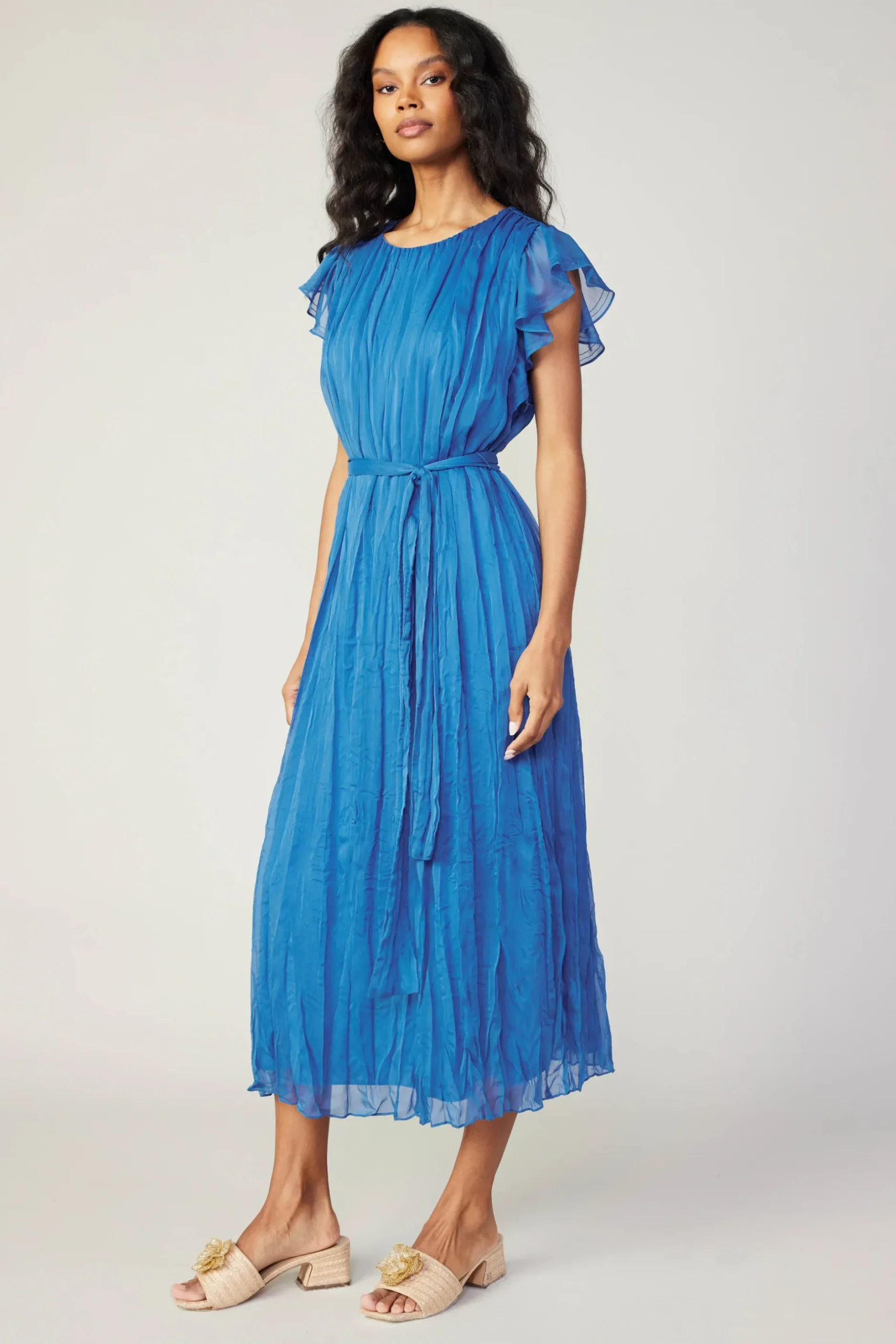 Midi Dresses-Current Air Crinkled Texture Flutter Dress AZUREBLUE