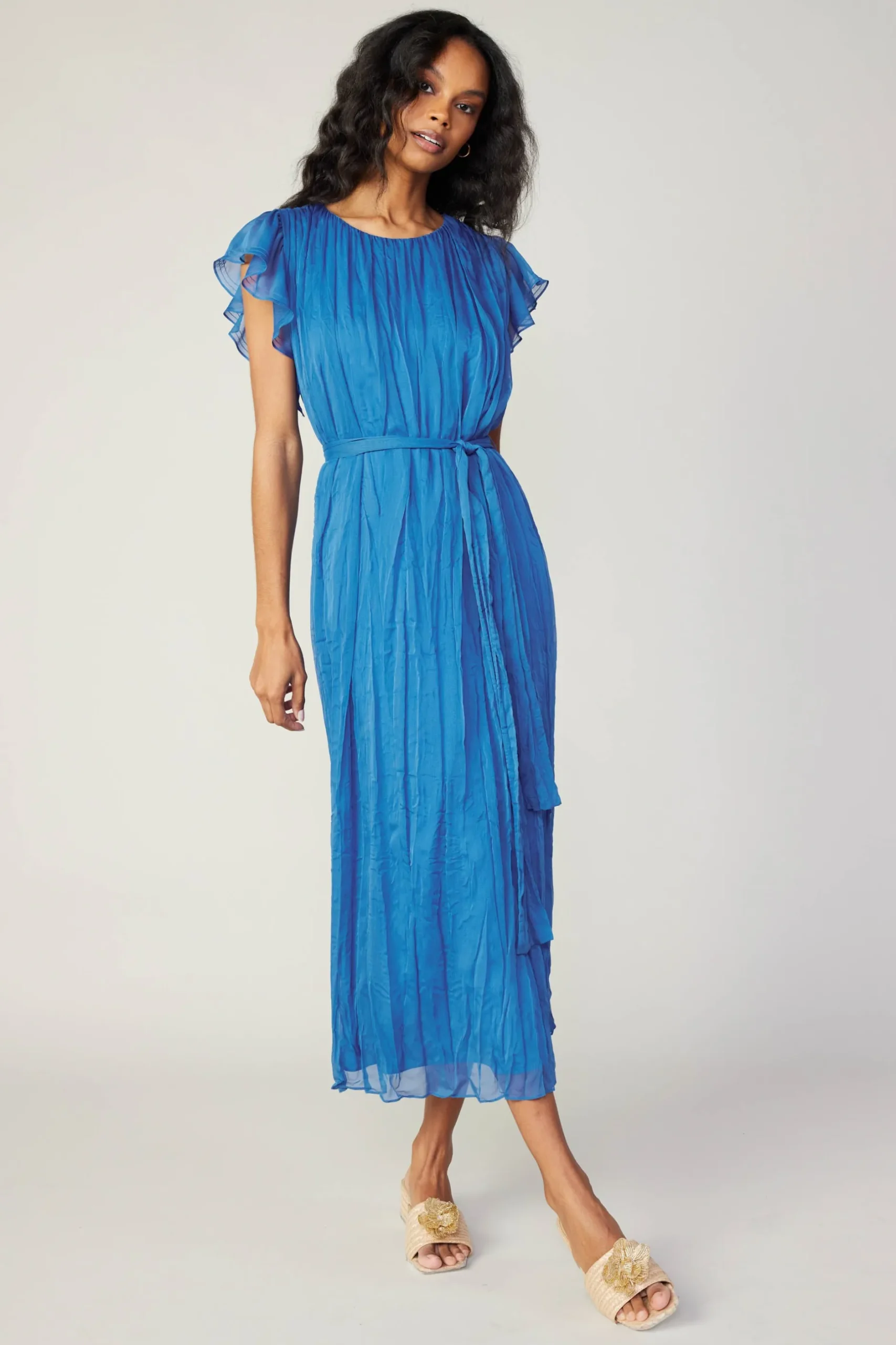 Midi Dresses-Current Air Crinkled Texture Flutter Dress AZUREBLUE