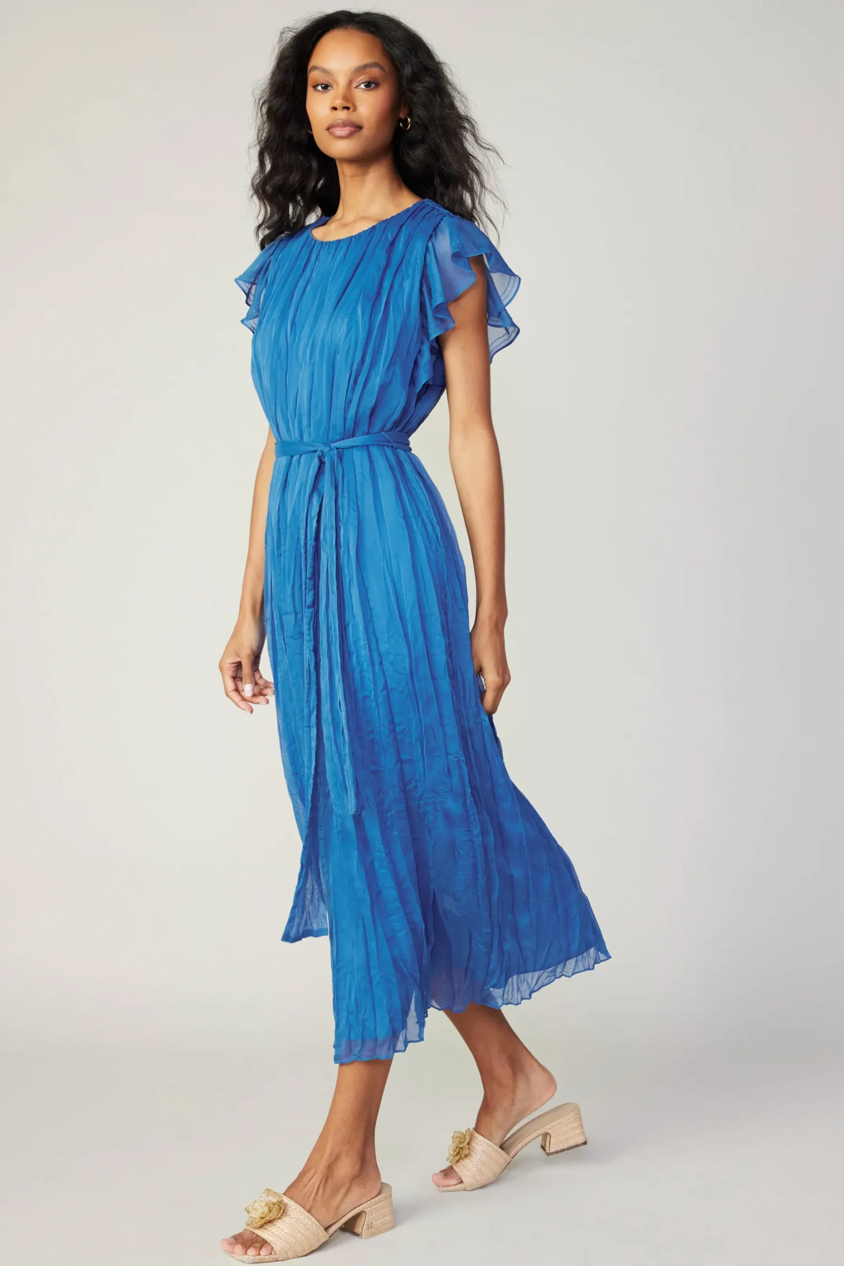 Midi Dresses-Current Air Crinkled Texture Flutter Dress AZUREBLUE