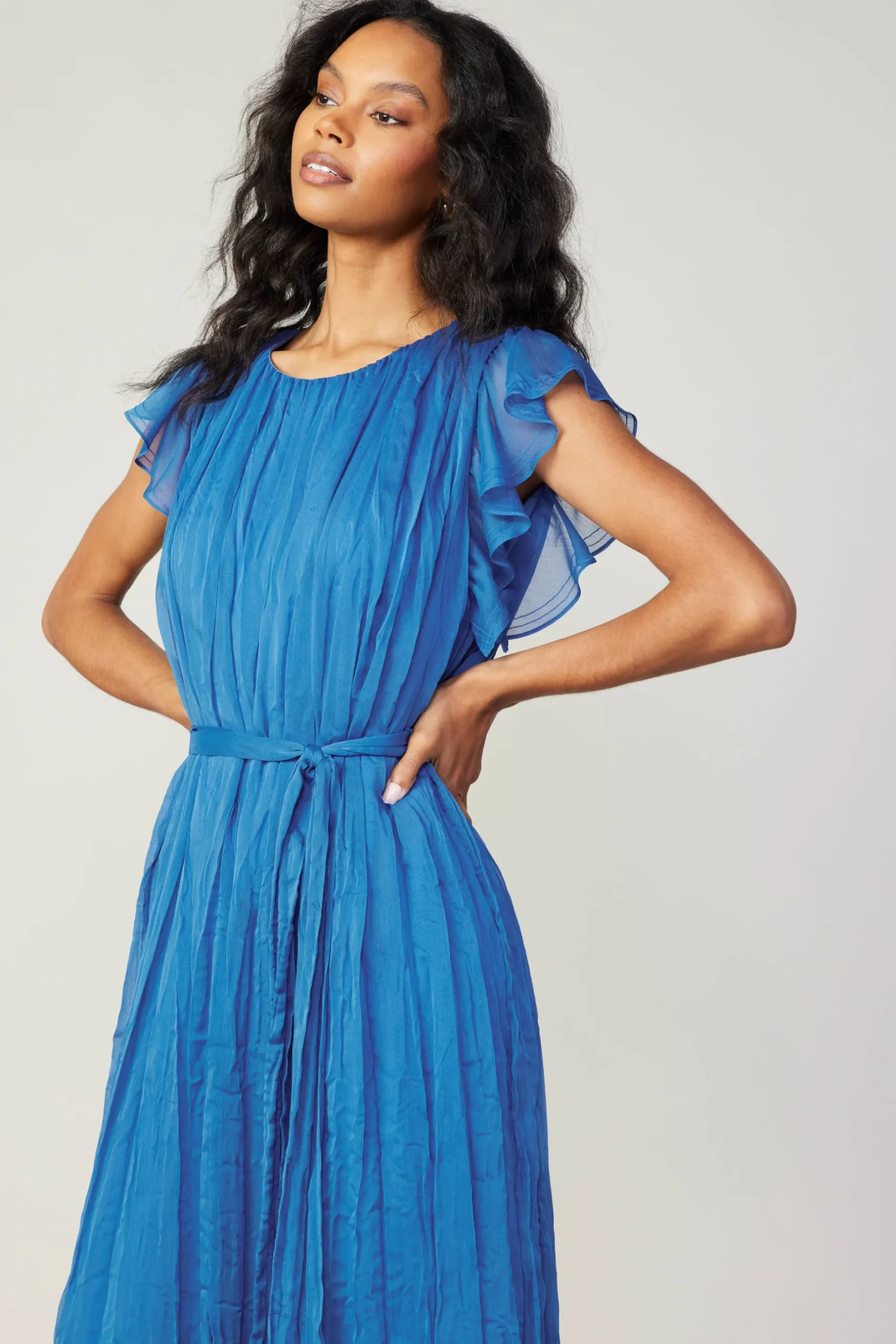 Midi Dresses-Current Air Crinkled Texture Flutter Dress AZUREBLUE