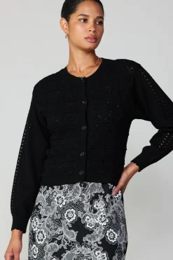 Cardigans|Long Sleeve Tops-Current Air Crochet Sweater Cardigan BLACK