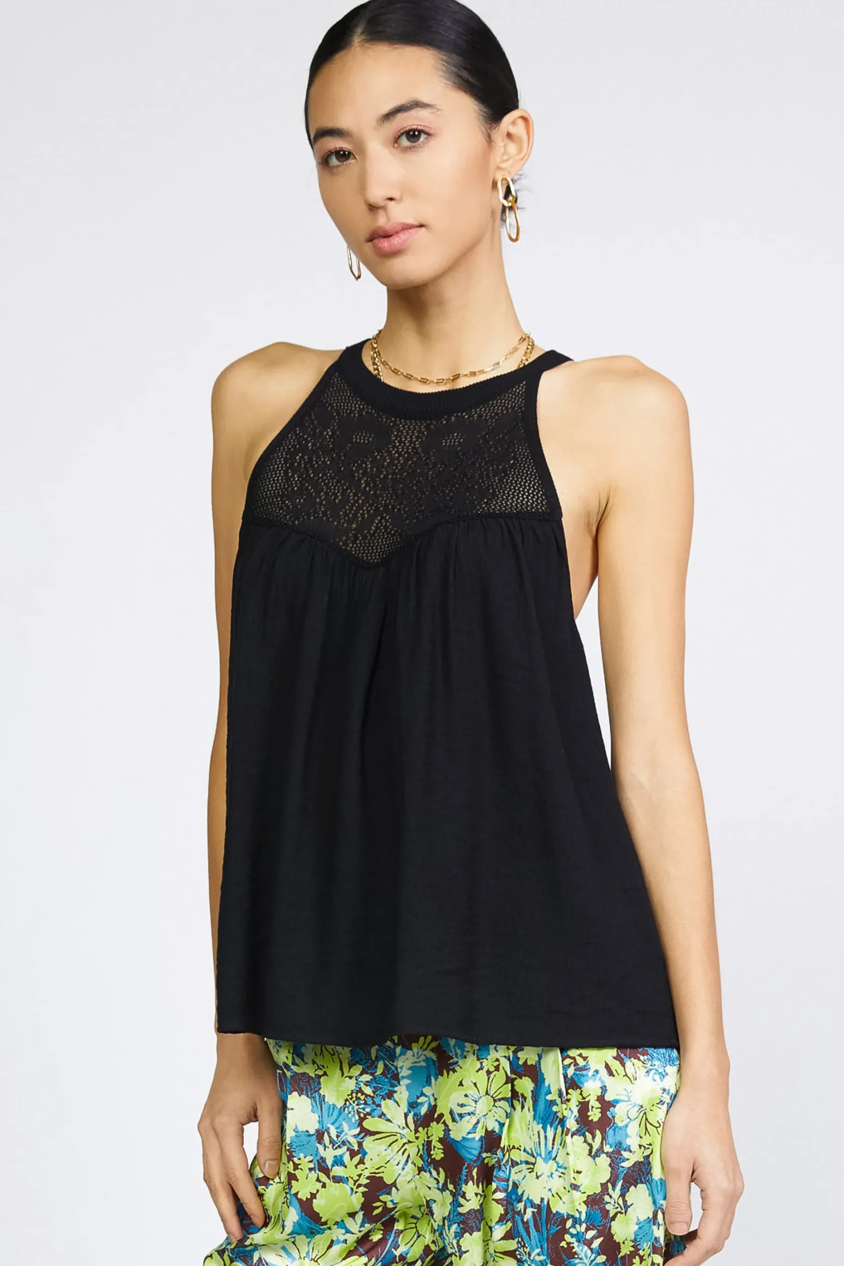 Sleeveless Tops|Sweaters-Current Air Crotchet Yoke Top BLACK