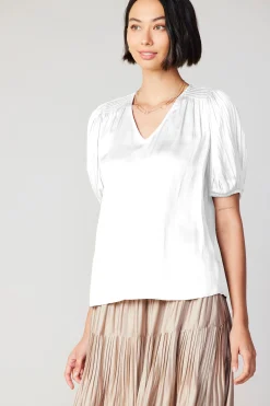 Short Sleeve Tops-Current Air Cuffed Pleated Yoke Top WHITE